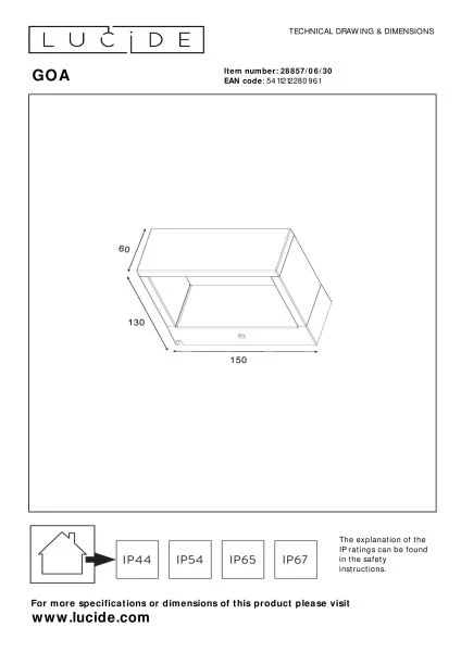 Lucide GOA - Wall light Indoor/Outdoor - LED - 1x10W 3000K - IP54 - Anthracite - technical